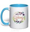 Mug with a colored handle Hello spring frame sky-blue фото