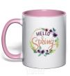 Mug with a colored handle Hello spring frame light-pink фото