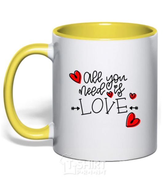 Mug with a colored handle All you need is love hearts and arrows yellow фото