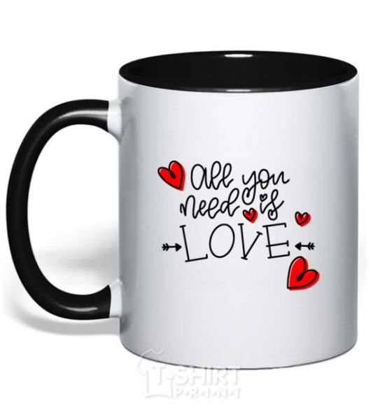 Mug with a colored handle All you need is love hearts and arrows black фото