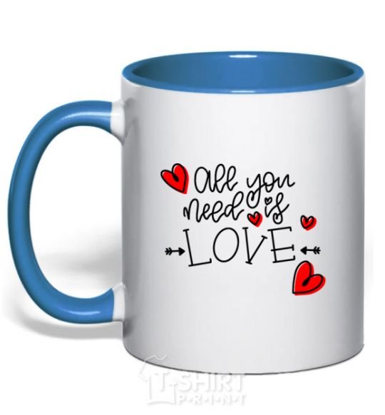 Mug with a colored handle All you need is love hearts and arrows royal-blue фото