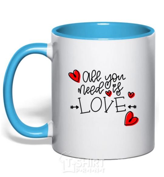 Mug with a colored handle All you need is love hearts and arrows sky-blue фото