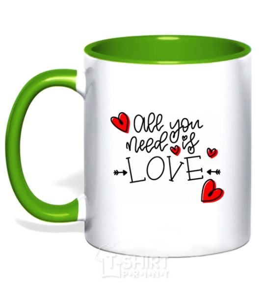 Mug with a colored handle All you need is love hearts and arrows kelly-green фото