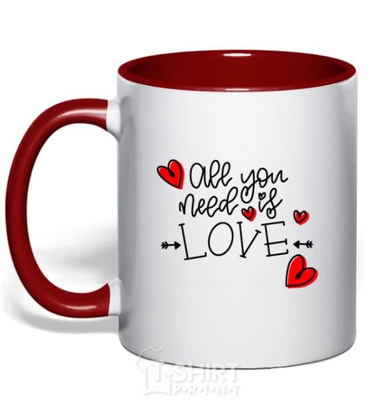 Mug with a colored handle All you need is love hearts and arrows red фото