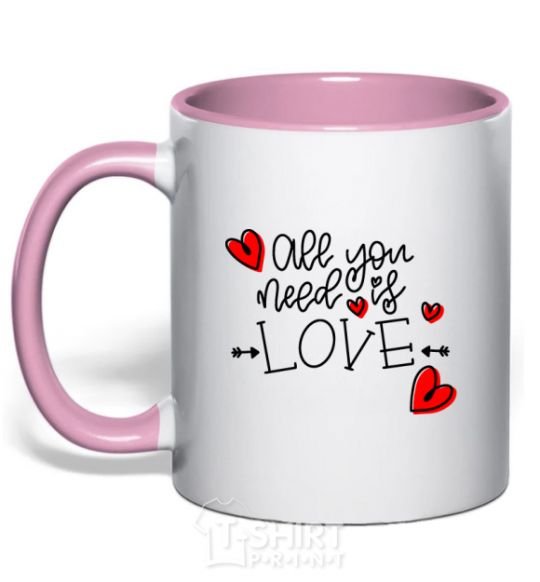 Mug with a colored handle All you need is love hearts and arrows light-pink фото
