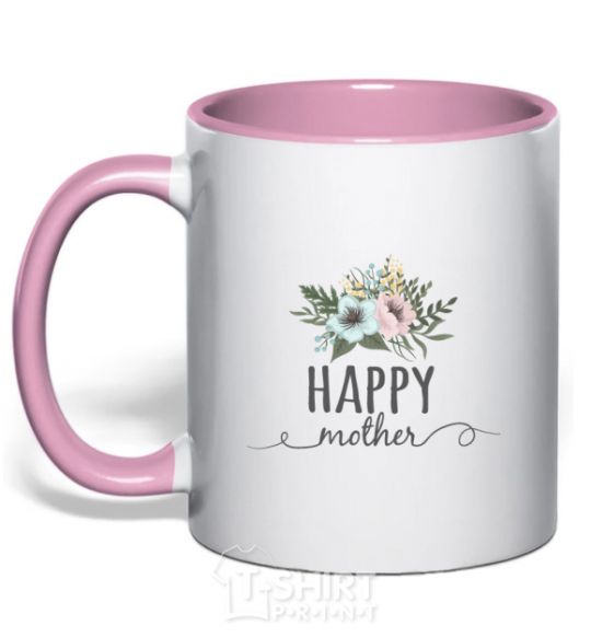Mug with a colored handle Happy mother light-pink фото