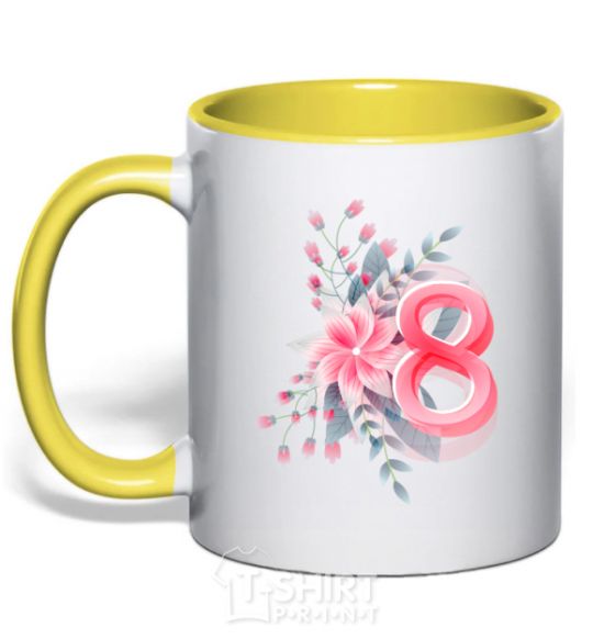 Mug with a colored handle Eight flowers paint yellow фото