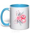 Mug with a colored handle Eight flowers paint sky-blue фото