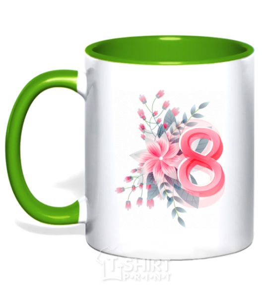 Mug with a colored handle Eight flowers paint kelly-green фото