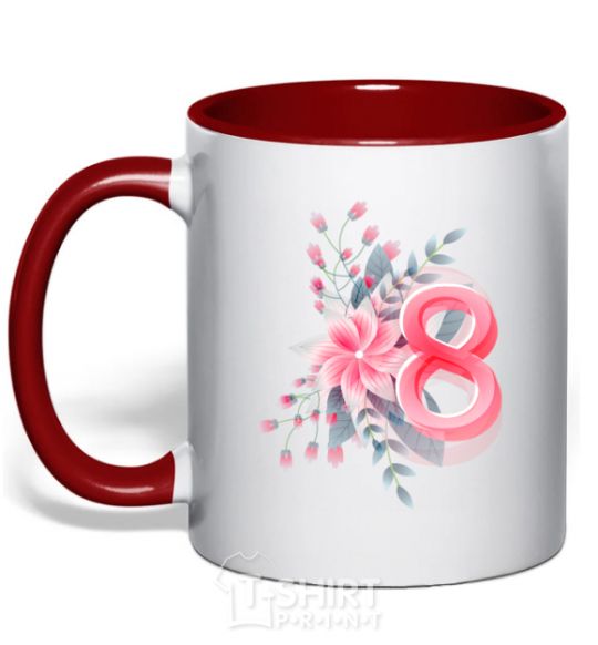 Mug with a colored handle Eight flowers paint red фото