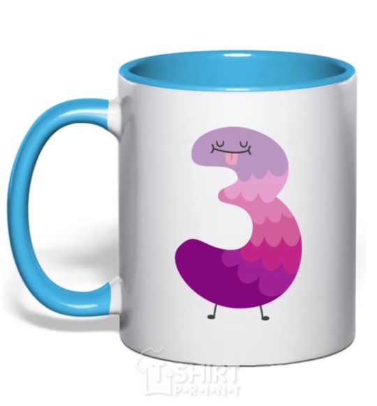 Mug with a colored handle Three fun sky-blue фото