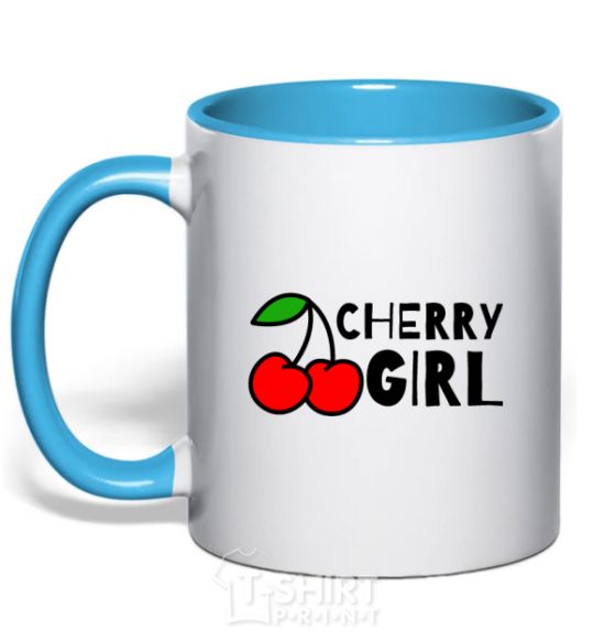 Mug with a colored handle Cherry girl sky-blue фото