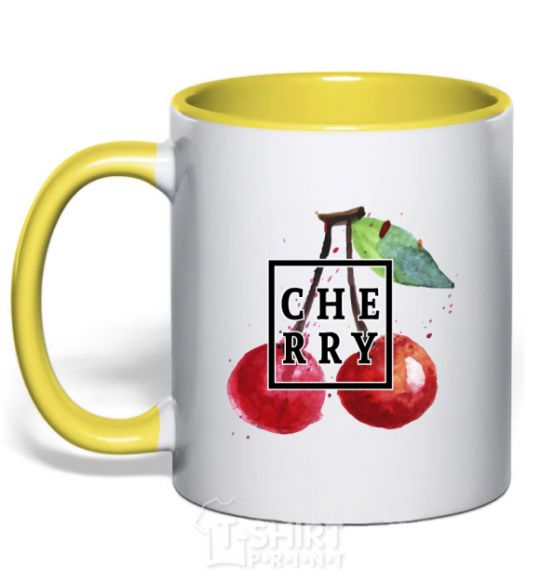 Mug with a colored handle Cherry splash yellow фото