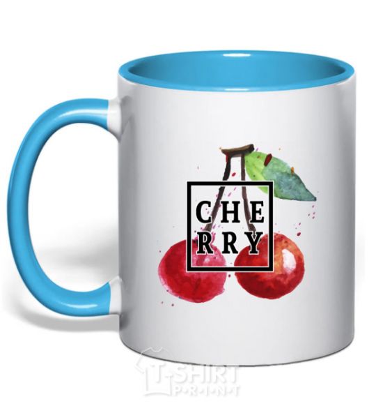 Mug with a colored handle Cherry splash sky-blue фото