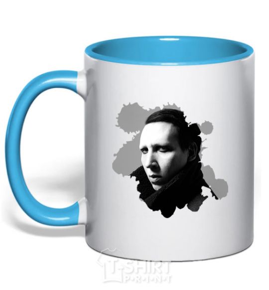 Mug with a colored handle Мэрилин Мэнсон чб sky-blue фото