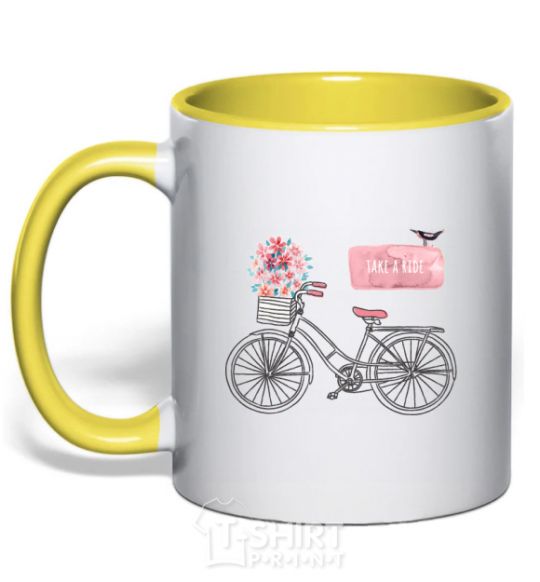 Mug with a colored handle Take a ride bike yellow фото