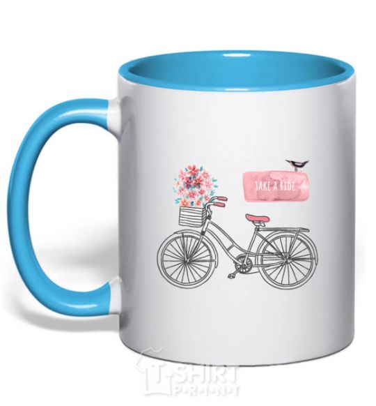 Mug with a colored handle Take a ride bike sky-blue фото