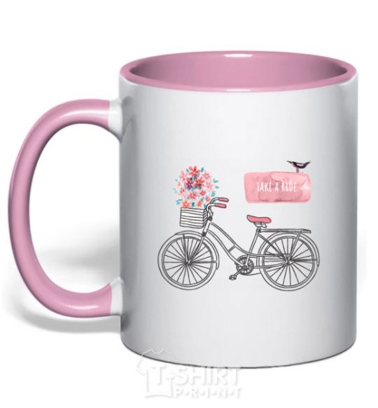Mug with a colored handle Take a ride bike light-pink фото