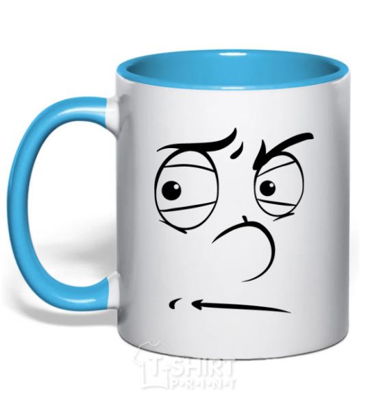 Mug with a colored handle The smiley face suspicious sky-blue фото