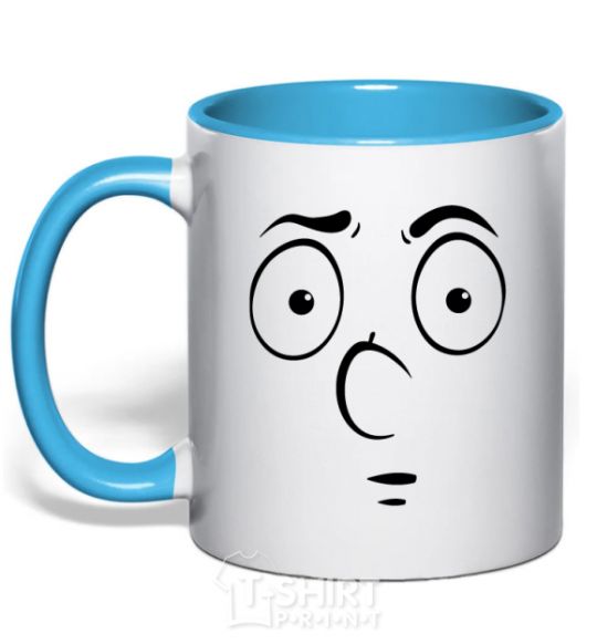 Mug with a colored handle Smiley's embarrassed sky-blue фото