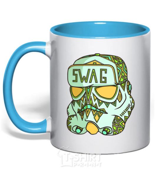 Mug with a colored handle Swag face sky-blue фото