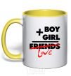 Mug with a colored handle Boy plus girl love yellow фото