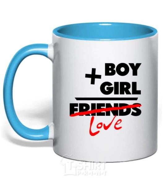 Mug with a colored handle Boy plus girl love sky-blue фото