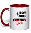 Mug with a colored handle Boy plus girl love red фото