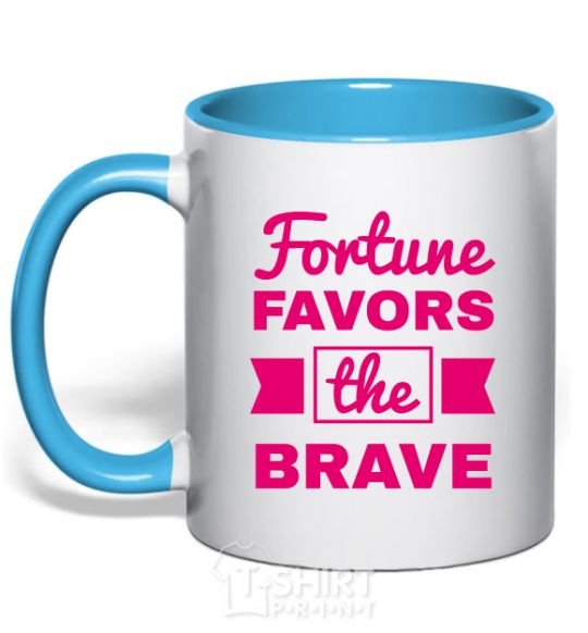 Mug with a colored handle Fortune favors the brave sky-blue фото