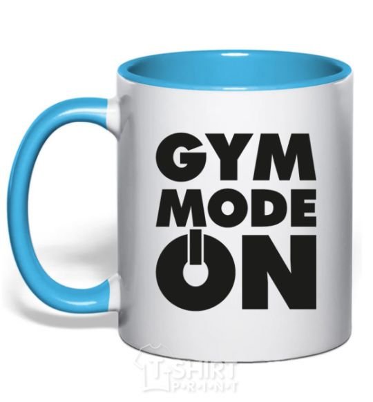 Mug with a colored handle Gym mode on sky-blue фото