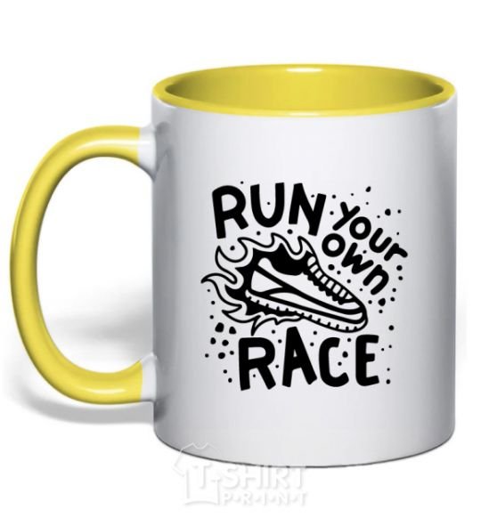 Mug with a colored handle Run your own race yellow фото