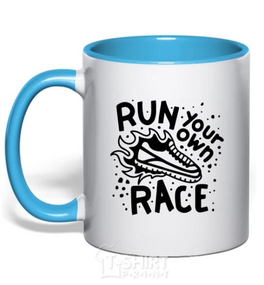 Mug with a colored handle Run your own race sky-blue фото