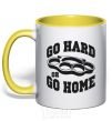 Mug with a colored handle Go hard or go home brass knuckles yellow фото