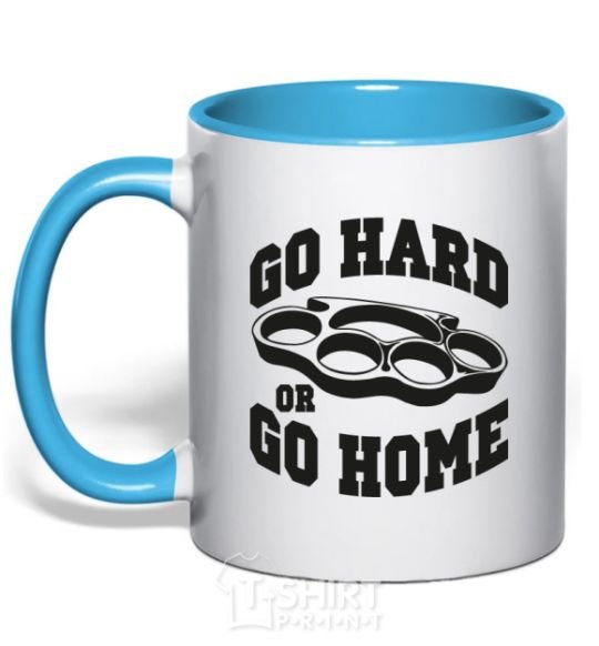 Mug with a colored handle Go hard or go home brass knuckles sky-blue фото