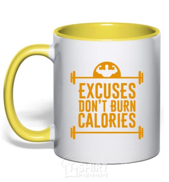 Mug with a colored handle Exuses don't burn calories yellow фото