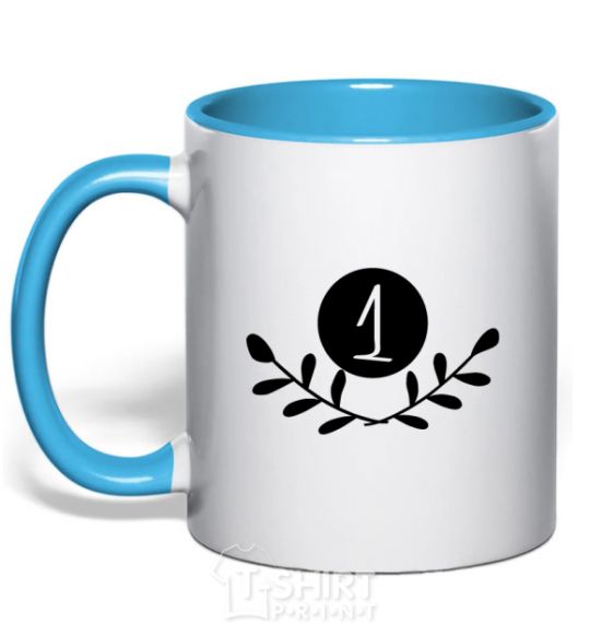 Mug with a colored handle Number one sky-blue фото