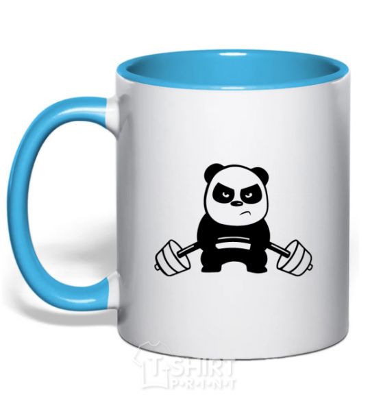Mug with a colored handle Strong panda sky-blue фото