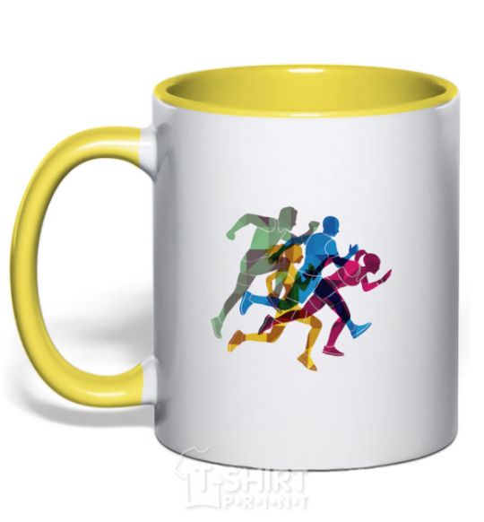 Mug with a colored handle Runners yellow фото