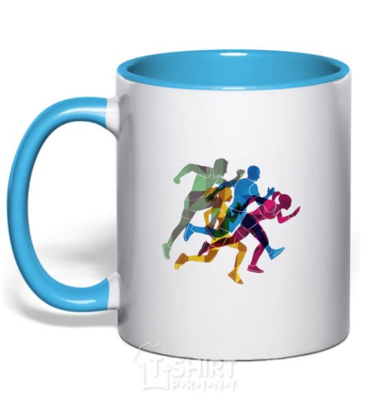 Mug with a colored handle Runners sky-blue фото