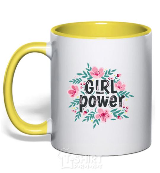 Mug with a colored handle Girl power pink flowers yellow фото