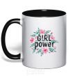 Mug with a colored handle Girl power pink flowers black фото