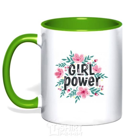 Mug with a colored handle Girl power pink flowers kelly-green фото