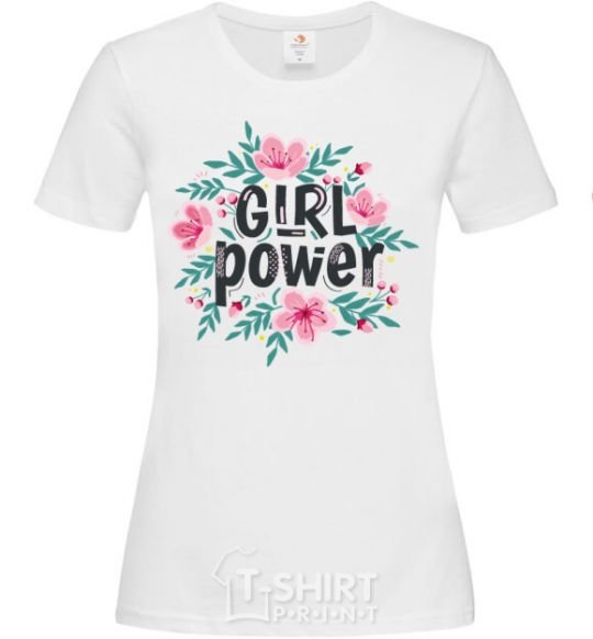 Women's T-shirt Girl power pink flowers White фото