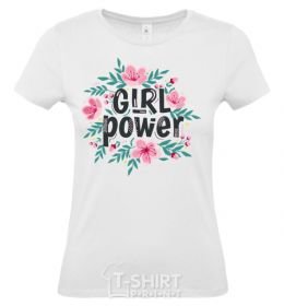 Women's T-shirt Girl power pink flowers White фото