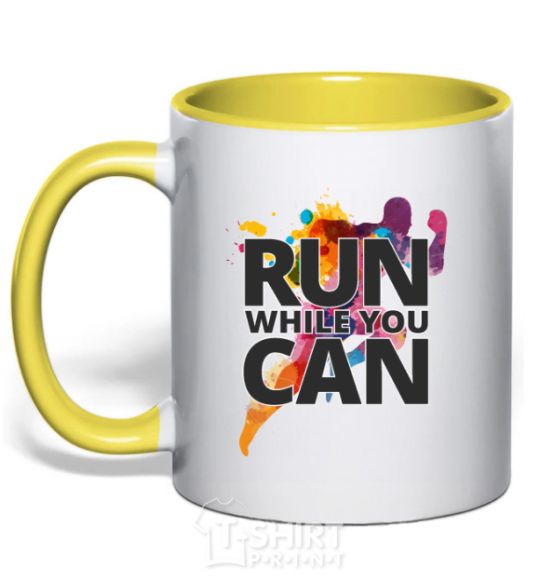 Mug with a colored handle Run while you can yellow фото