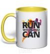 Mug with a colored handle Run while you can yellow фото