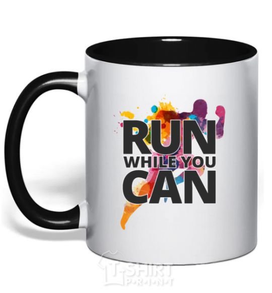 Mug with a colored handle Run while you can black фото