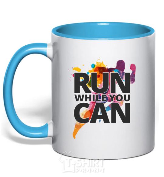 Mug with a colored handle Run while you can sky-blue фото