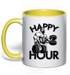 Mug with a colored handle Happy hour yellow фото