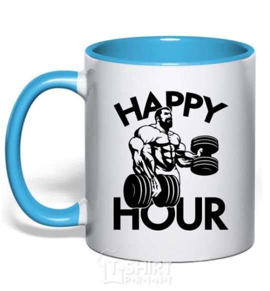 Mug with a colored handle Happy hour sky-blue фото